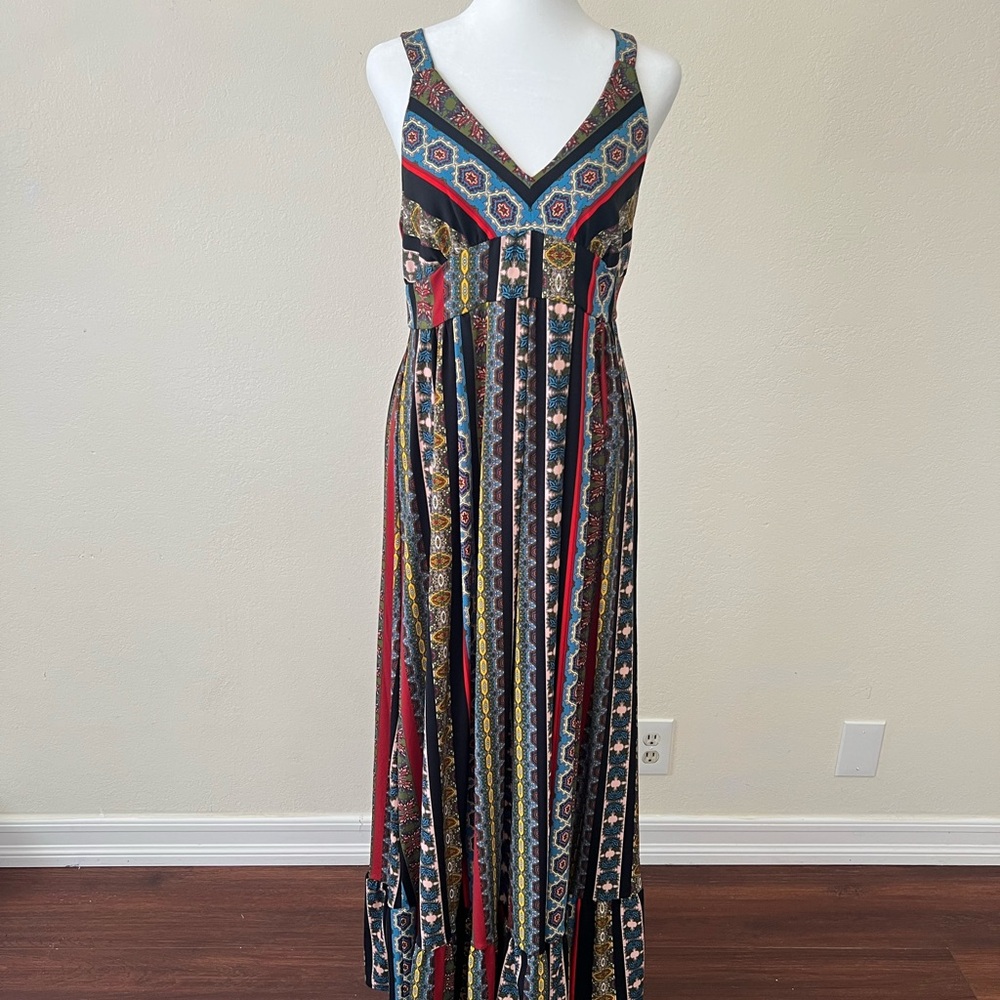 Tahari Black and Pink Ruched Maxi Sundress